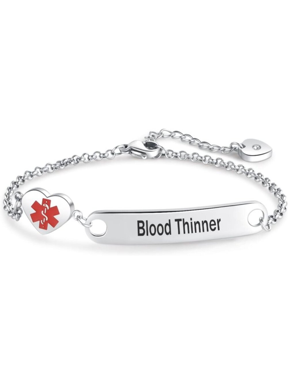 Women's Blood Thinner Heart Medical Alert Stainless Steel Chain Bracelet
